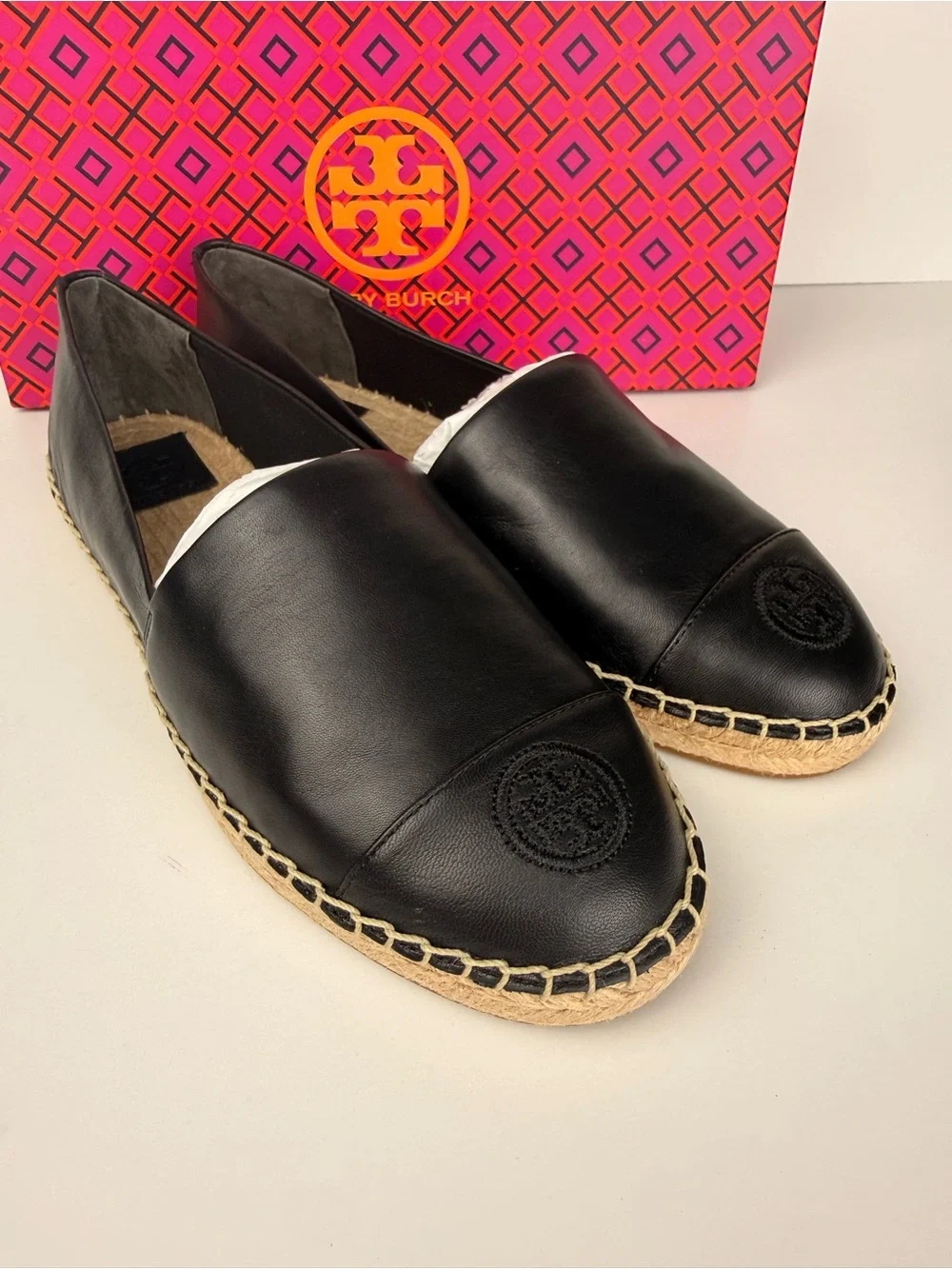 Tory Burch Color Block Flat Espadrille Black Nappa Leather Slip On Shoes Size 8